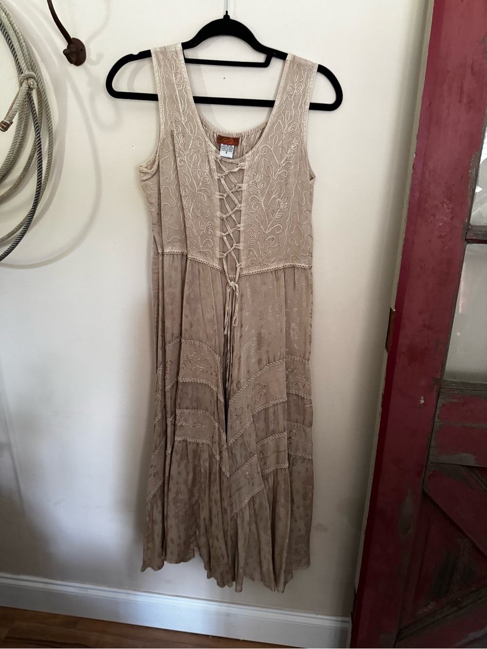 Scully Beige Lace-Up Boho Midi Dress